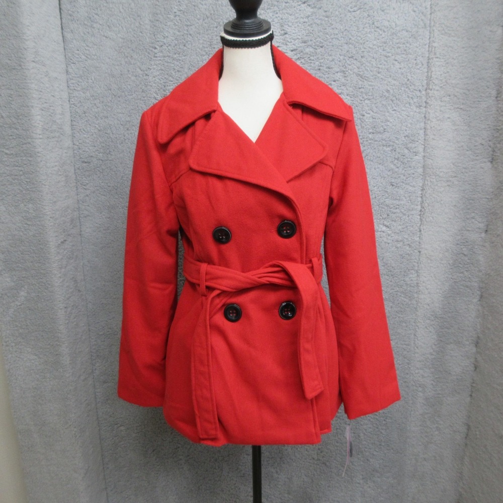 Rampage Pea Coat New Womens M Red Belted Double Breasted Short Fleece Winter